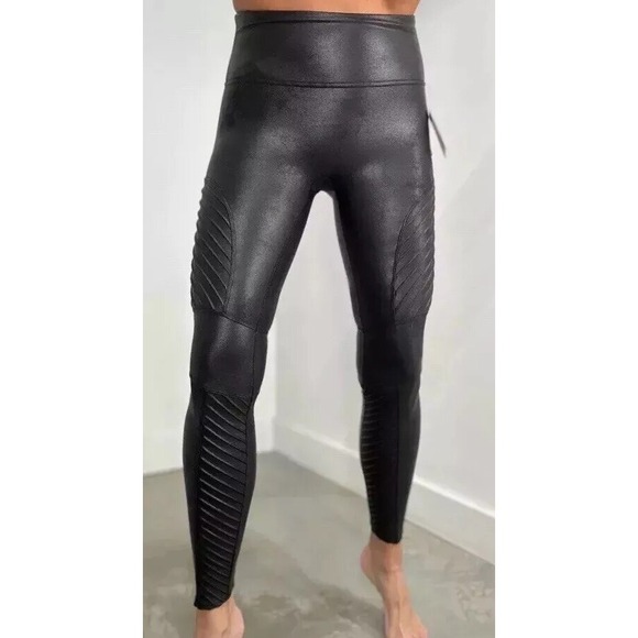 SPANX Faux Leather Moto Leggings Black Shaping Slimming‎ Stretch Womens M - Picture 10 of 16